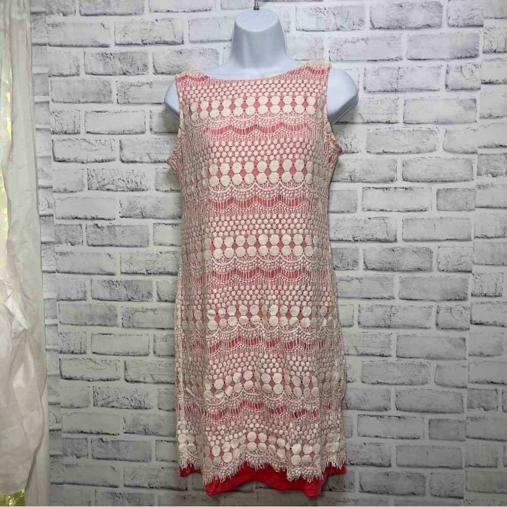 Eliza J Pinkish Orange Lace Overlay Shift Dress 6 - Picture 2 of 11